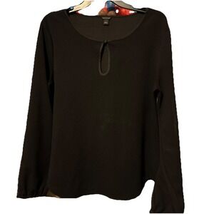 Ann Taylor Womens Black Key Hole Front Long‎ Sleeve Shirt Top Blouse Sz. Large